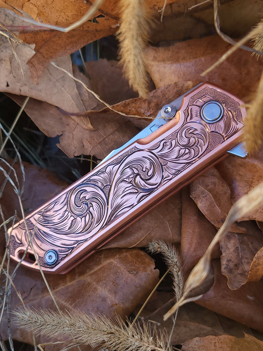 Scrollwork Hand-Engraved Copper Boker Pocket Knife, Western Gifts for Him, Cowboy Gifts, Hand-Engraved Knife, Hand Tooled Knife