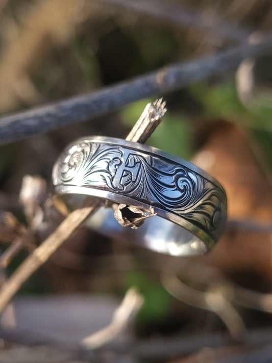 The Franklin: 8mm Wide Antiqued White Gold or Sterling Silver, Heavy Comfort Fit Gold Men's Band, Hand-Engraved Wedding Band for Him, Western Men's Wedding Band, Custom Inital Band, Hand-Engraved Men's Band