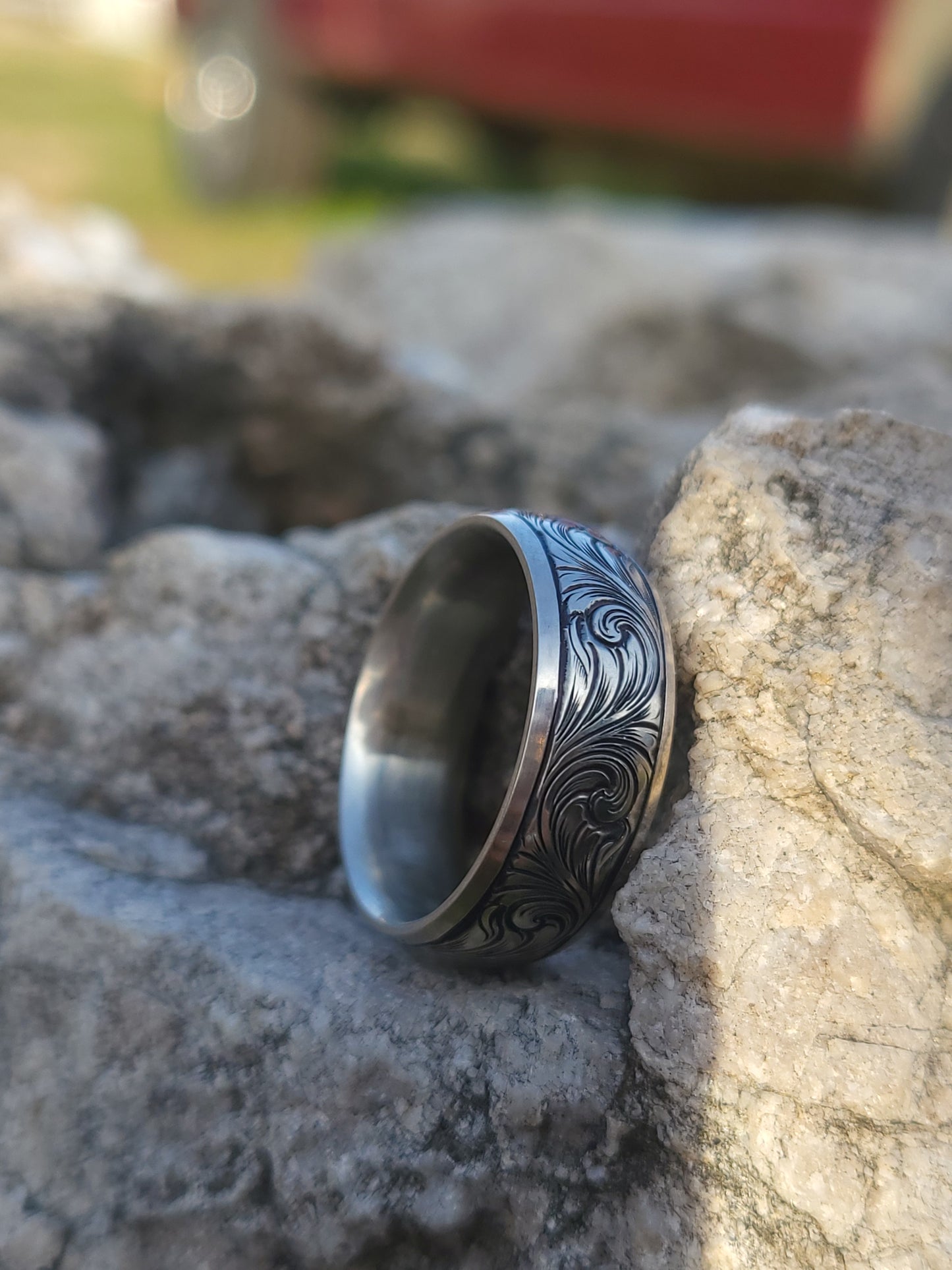 The Franklin: 8mm Wide Antiqued White Gold or Sterling Silver, Heavy Comfort Fit Gold Men's Band, Hand-Engraved Wedding Band for Him, Western Men's Wedding Band, Custom Inital Band, Hand-Engraved Men's Band