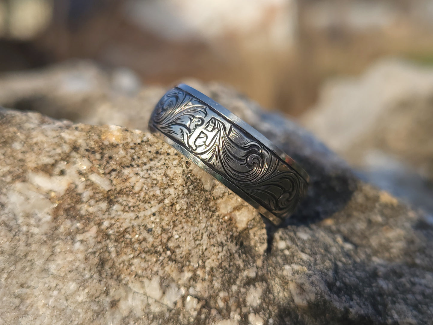 The Franklin: 8mm Wide Antiqued White Gold or Sterling Silver, Heavy Comfort Fit Gold Men's Band, Hand-Engraved Wedding Band for Him, Western Men's Wedding Band, Custom Inital Band, Hand-Engraved Men's Band