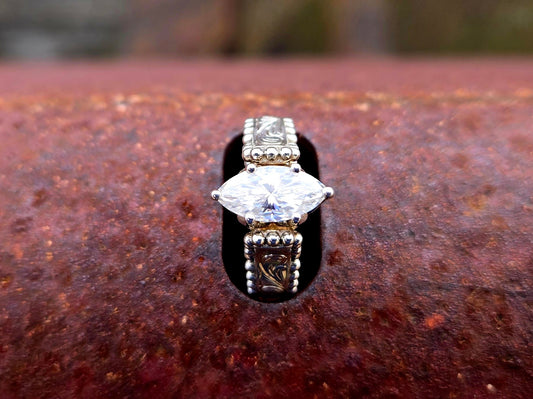 IMMEDIATE SHIP: Marquiese Center Taylor Sz. 5.5 with Moissanite Center, Two-Tone Western Engagement Ring, Rose Gold and Sterling Silver Hand-Engraved Cowgirl Engagement Ring