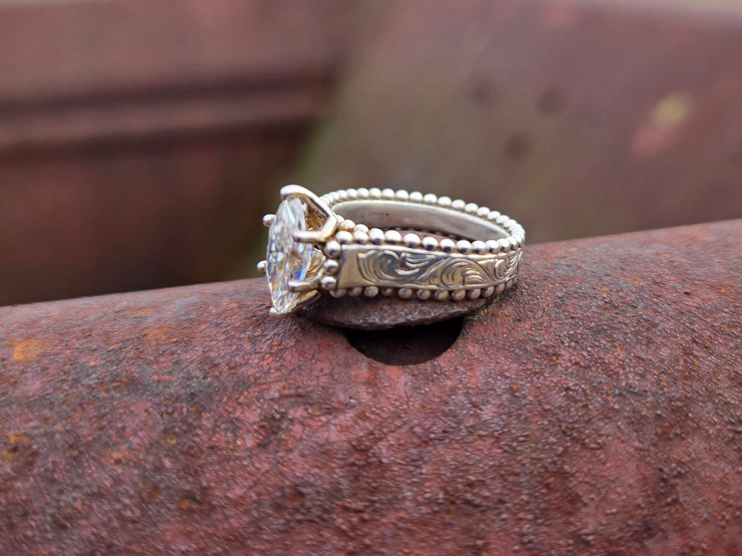 IMMEDIATE SHIP: Marquiese Center Taylor Sz. 5.5 with Moissanite Center, Two-Tone Western Engagement Ring, Rose Gold and Sterling Silver Hand-Engraved Cowgirl Engagement Ring