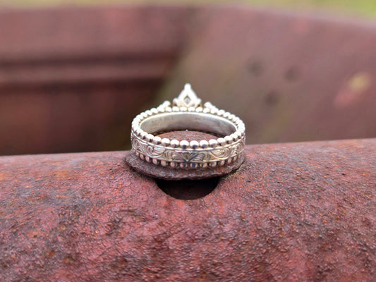 IMMEDIATE SHIP: Marquiese Center Taylor Sz. 5.5 with Moissanite Center, Two-Tone Western Engagement Ring, Rose Gold and Sterling Silver Hand-Engraved Cowgirl Engagement Ring