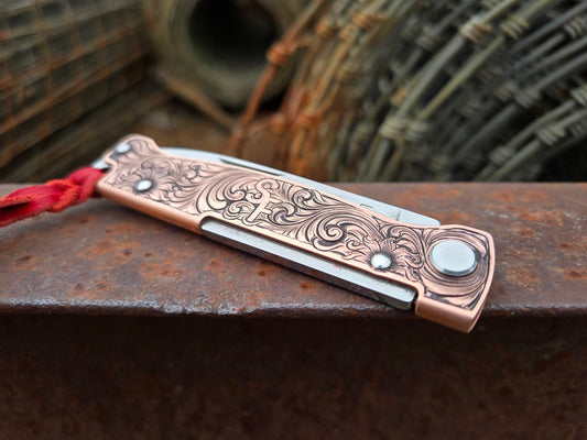 Personalized Hand-Engraved Copper Boker Pocket Knife with Custom Initials or Brand, Western Gifts for Him, Cowboy Gifts, Hand-Engraved Knife, Hand Tooled Knife