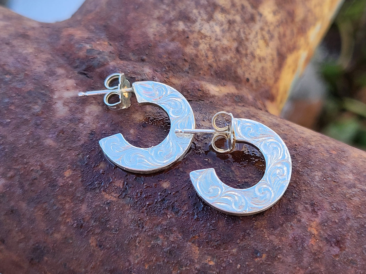 Playful: Multi-Dimentional Round Hand-Engraved Hoop Earrings, Western Tooled Earrings, Hand-Engraved Scrollwork Earrings, Round Western Earrings, Cowgirl Wedding Jewelry, Everyday Western Jewelry
