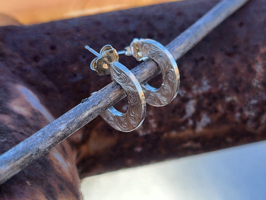Playful: Multi-Dimentional Round Hand-Engraved Hoop Earrings, Western Tooled Earrings, Hand-Engraved Scrollwork Earrings, Round Western Earrings, Cowgirl Wedding Jewelry, Everyday Western Jewelry