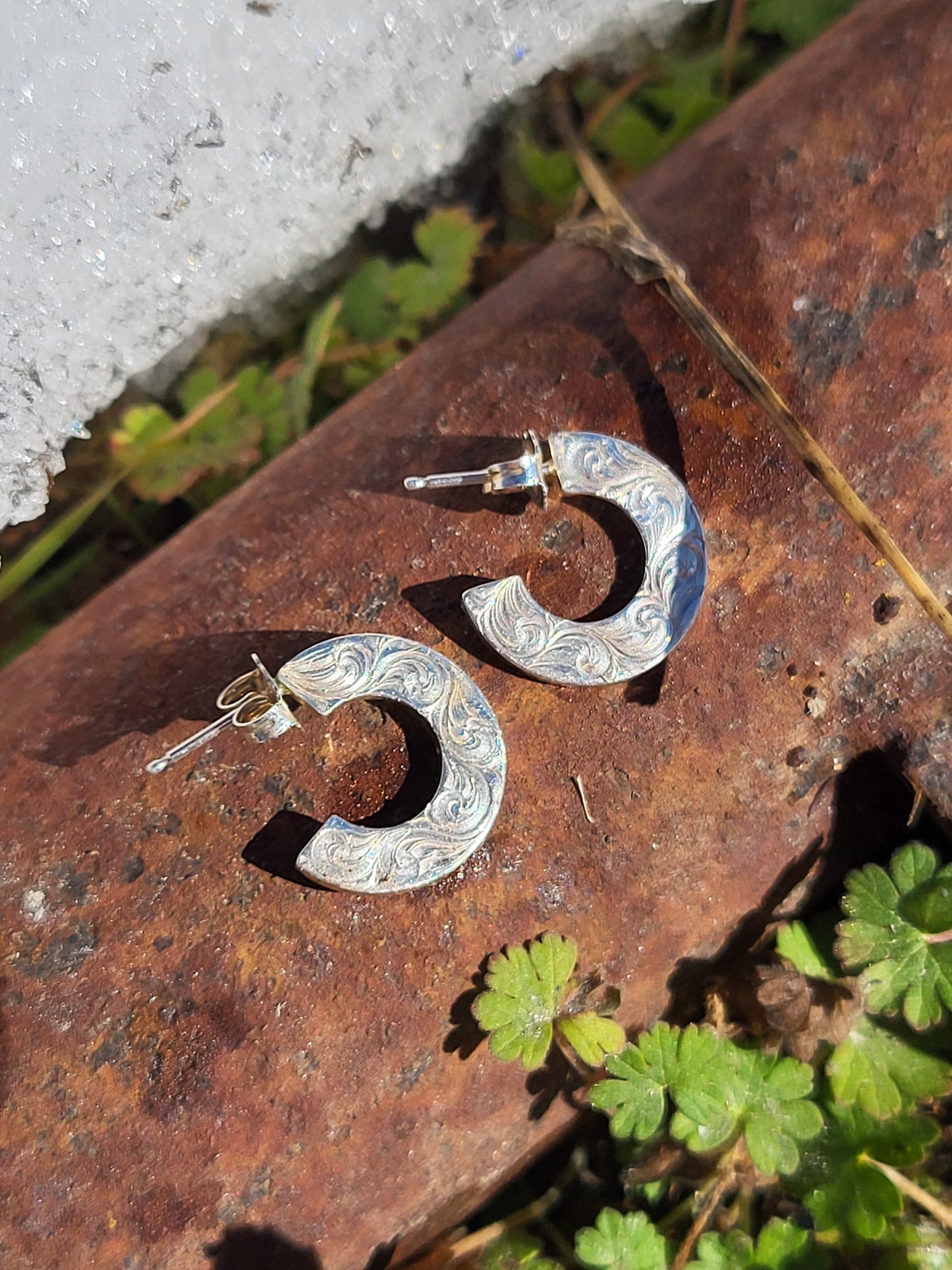Playful: Multi-Dimentional Round Hand-Engraved Hoop Earrings, Western Tooled Earrings, Hand-Engraved Scrollwork Earrings, Round Western Earrings, Cowgirl Wedding Jewelry, Everyday Western Jewelry