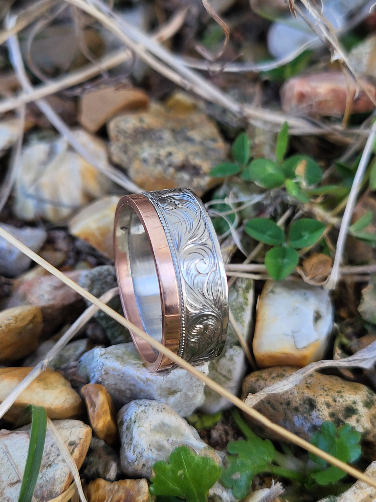 The Thomas: 8mm, 10K, 14K or 18K Asymmetrical White and Rose Gold Men's Western Wedding Band, Custom Engraved Initial, Hand-Engraved Cowboy Wedding Ring, Men's Engraved Wedding Band, 8mm Wedding Band for Men, Two-tone Men's Ring