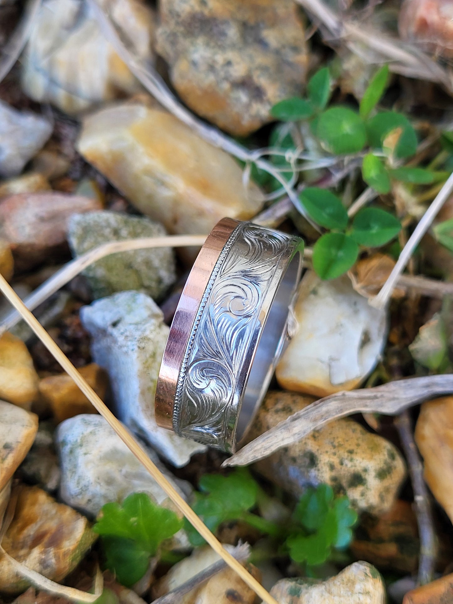 The Thomas: 8mm, 10K, 14K or 18K Asymmetrical White and Rose Gold Men's Western Wedding Band, Custom Engraved Initial, Hand-Engraved Cowboy Wedding Ring, Men's Engraved Wedding Band, 8mm Wedding Band for Men, Two-tone Men's Ring