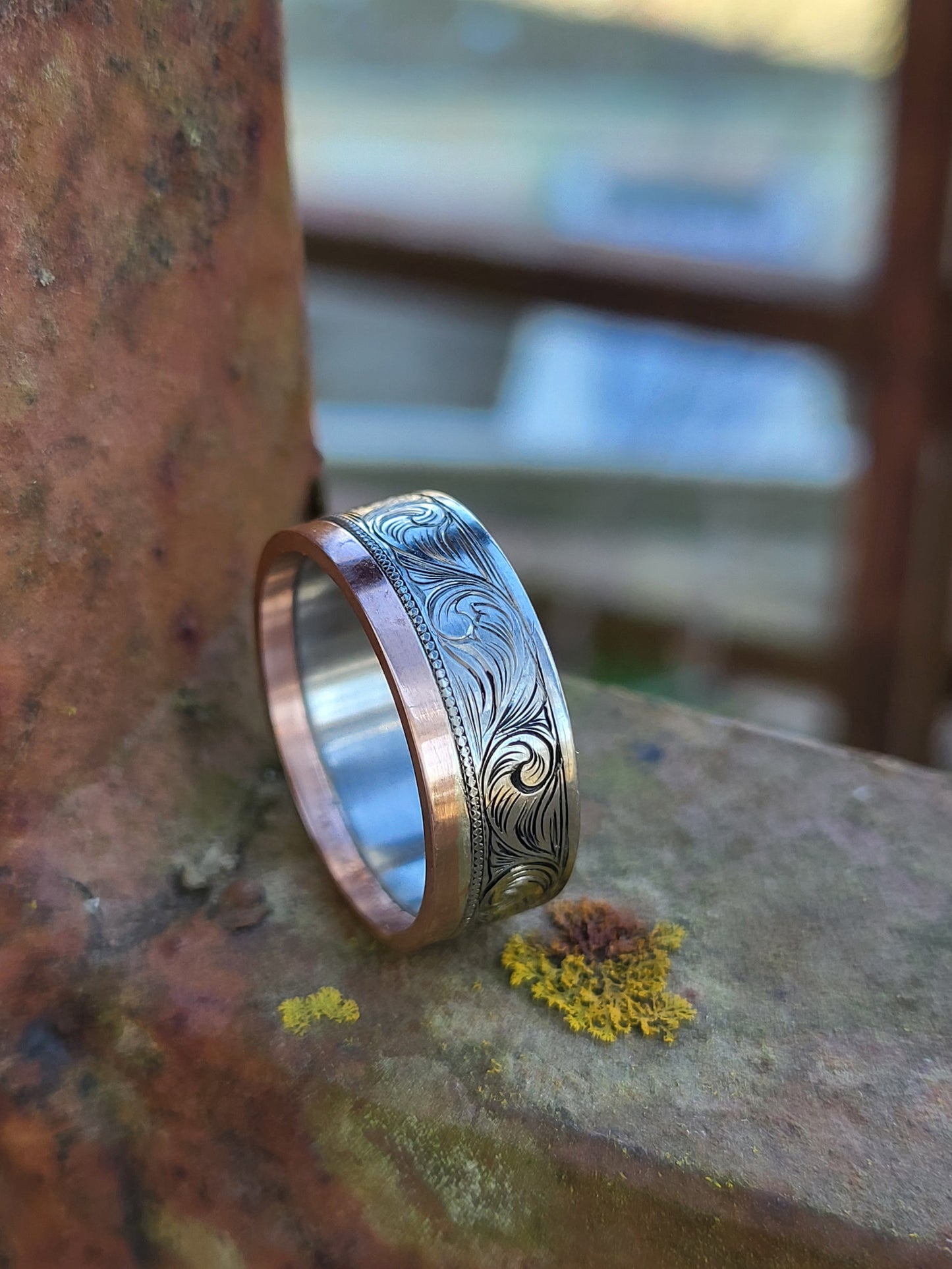 The Thomas: 8mm, 10K, 14K or 18K Asymmetrical White and Rose Gold Men's Western Wedding Band, Custom Engraved Initial, Hand-Engraved Cowboy Wedding Ring, Men's Engraved Wedding Band, 8mm Wedding Band for Men, Two-tone Men's Ring