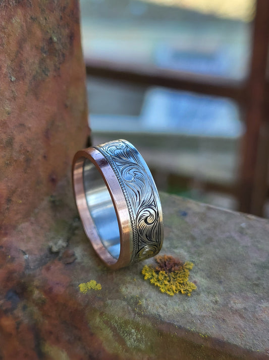The Thomas: 8mm, 10K, 14K or 18K Asymmetrical White and Rose Gold Men's Western Wedding Band, Custom Engraved Initial, Hand-Engraved Cowboy Wedding Ring, Men's Engraved Wedding Band, 8mm Wedding Band for Men, Two-tone Men's Ring