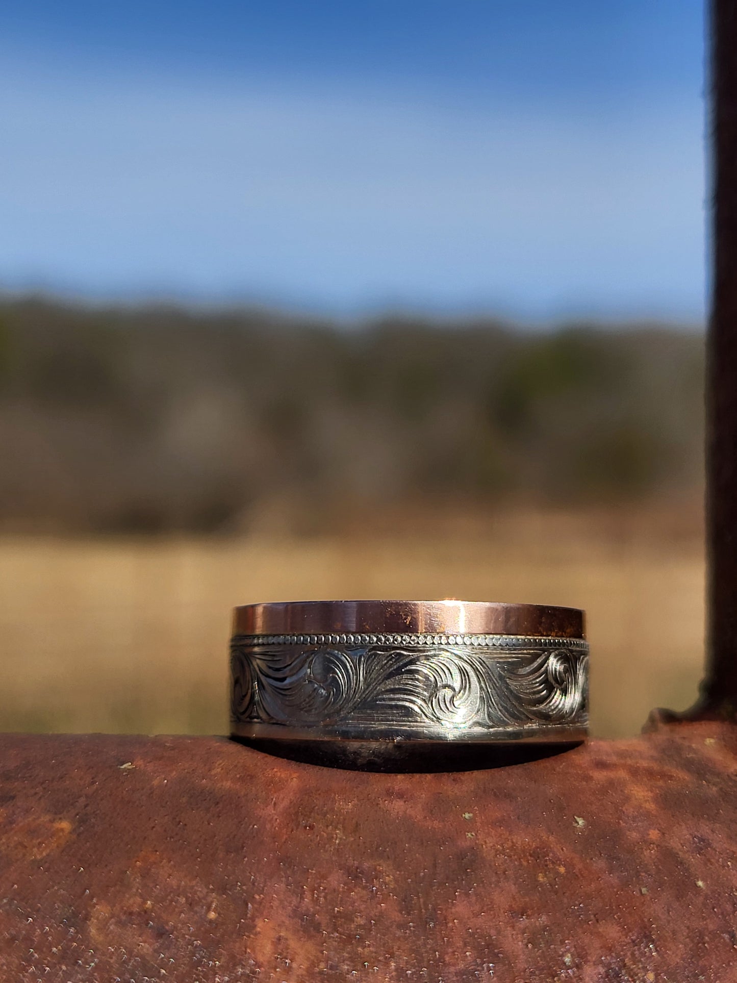 The Thomas: 8mm, 10K, 14K or 18K Asymmetrical White and Rose Gold Men's Western Wedding Band, Custom Engraved Initial, Hand-Engraved Cowboy Wedding Ring, Men's Engraved Wedding Band, 8mm Wedding Band for Men, Two-tone Men's Ring