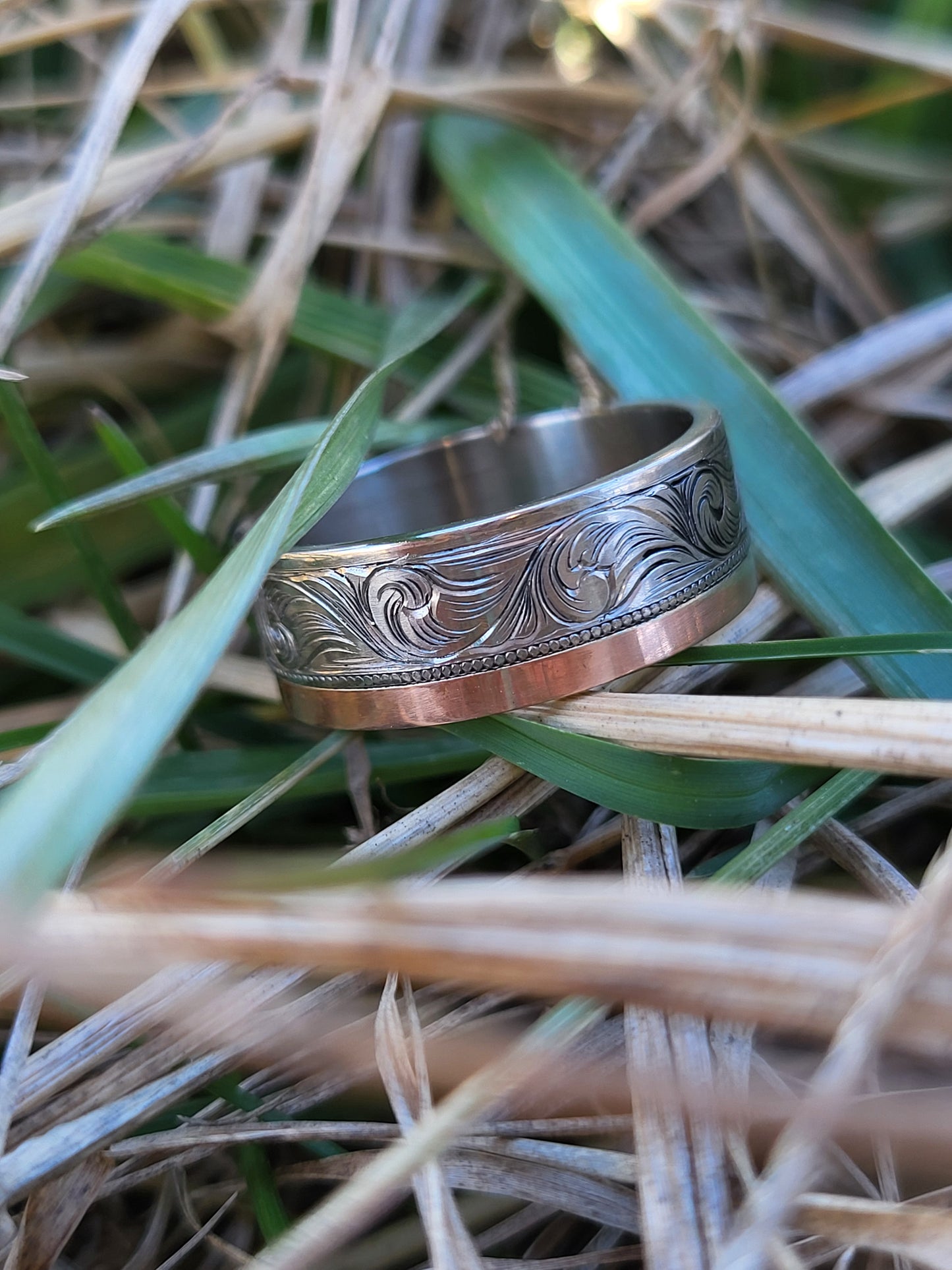 The Thomas: 8mm, 10K, 14K or 18K Asymmetrical White and Rose Gold Men's Western Wedding Band, Custom Engraved Initial, Hand-Engraved Cowboy Wedding Ring, Men's Engraved Wedding Band, 8mm Wedding Band for Men, Two-tone Men's Ring