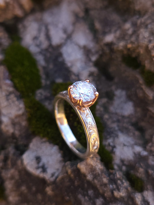 The Tori: Two-Tone 1ct to 1.75ct, 3.5mm Narrow Engagement Ring in 10K, 14K, 18K Sterling Silver and Yellow or Rose Gold Round Engagement Ring, Western Engagement Ring, Cowgirl Ring, Western Wedding Ring