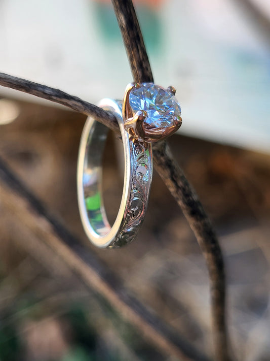 The Tori: Two-Tone 1ct to 1.75ct, 3.5mm Narrow Engagement Ring in 10K, 14K, 18K Sterling Silver and Yellow or Rose Gold Round Engagement Ring, Western Engagement Ring, Cowgirl Ring, Western Wedding Ring