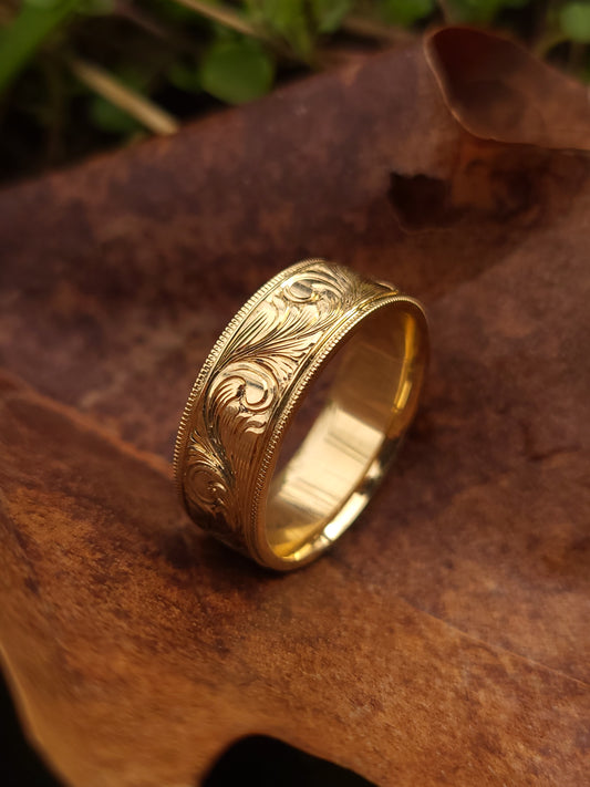 The Apollo: 10K, 14K, or 18K Yellow Gold Western Wedding Band, Hand-Engraved Cowboy Wedding Ring, Cowboy Ring, Yellow Gold Men's Wedding Band, Detailed Wedding Ring