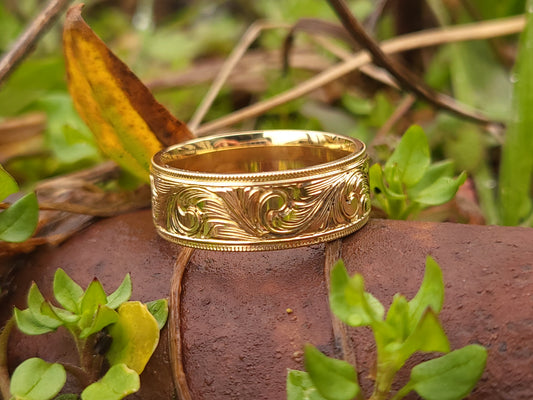 The Apollo: 10K, 14K, or 18K Yellow Gold Western Wedding Band, Hand-Engraved Cowboy Wedding Ring, Cowboy Ring, Yellow Gold Men's Wedding Band, Detailed Wedding Ring