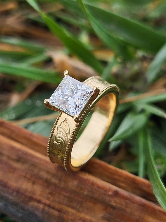 The Heidi: 5mm Yellow Gold Ring, Square moissanite or diamond ring, western engagement ring, cowgirl ring