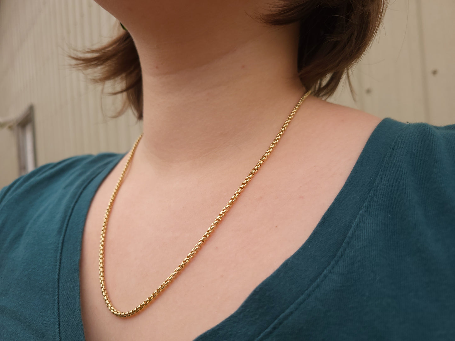 The Classic Box Chain in Yellow Gold: 2.5mm Edition. Solid 2.5mm Round Box Chain in 10K and 14K Yellow Gold, Fully Solid- not hollow. Everyday Solid Gold Chain