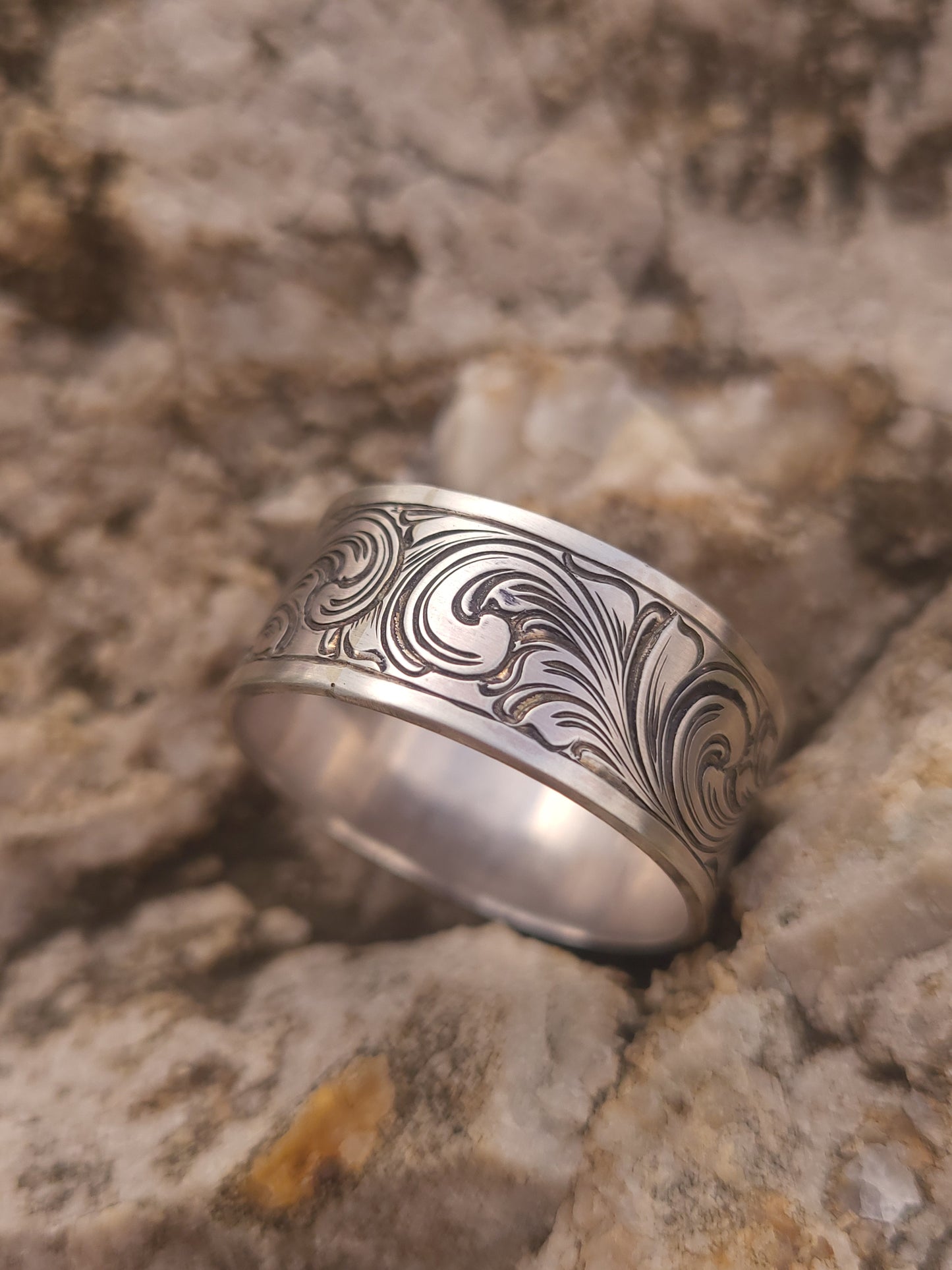 Sterling Silver 10mm Wide Antiqued Engraved Western Band Ring Design RNG00044 by Loreena Rose