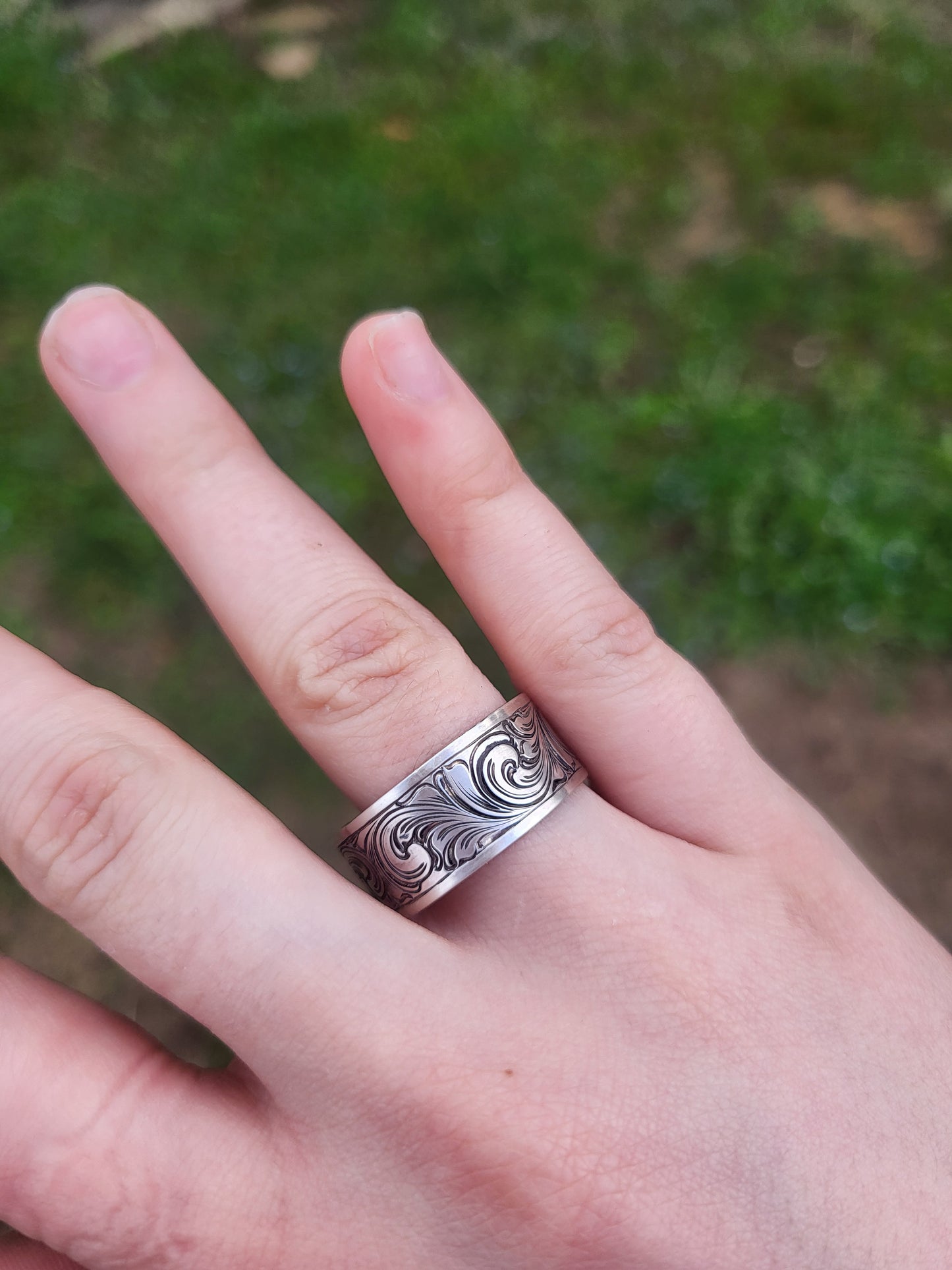 Sterling Silver 10mm Wide Antiqued Engraved Western Band Ring Design RNG00044 by Loreena Rose