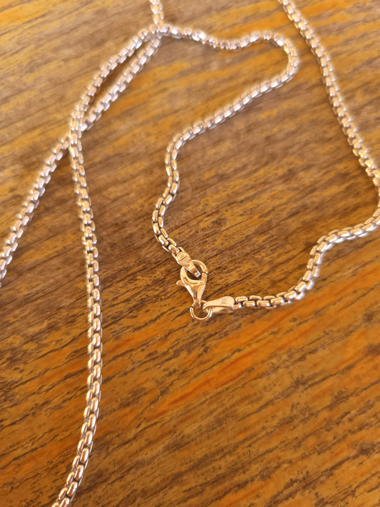 The Classic Box Chain in Sterling Silver: 2.5mm Edition. Solid 2.5mm Round Box Chain in Sterling Silver, Fully Solid- not hollow. Everyday Solid Silver Chain