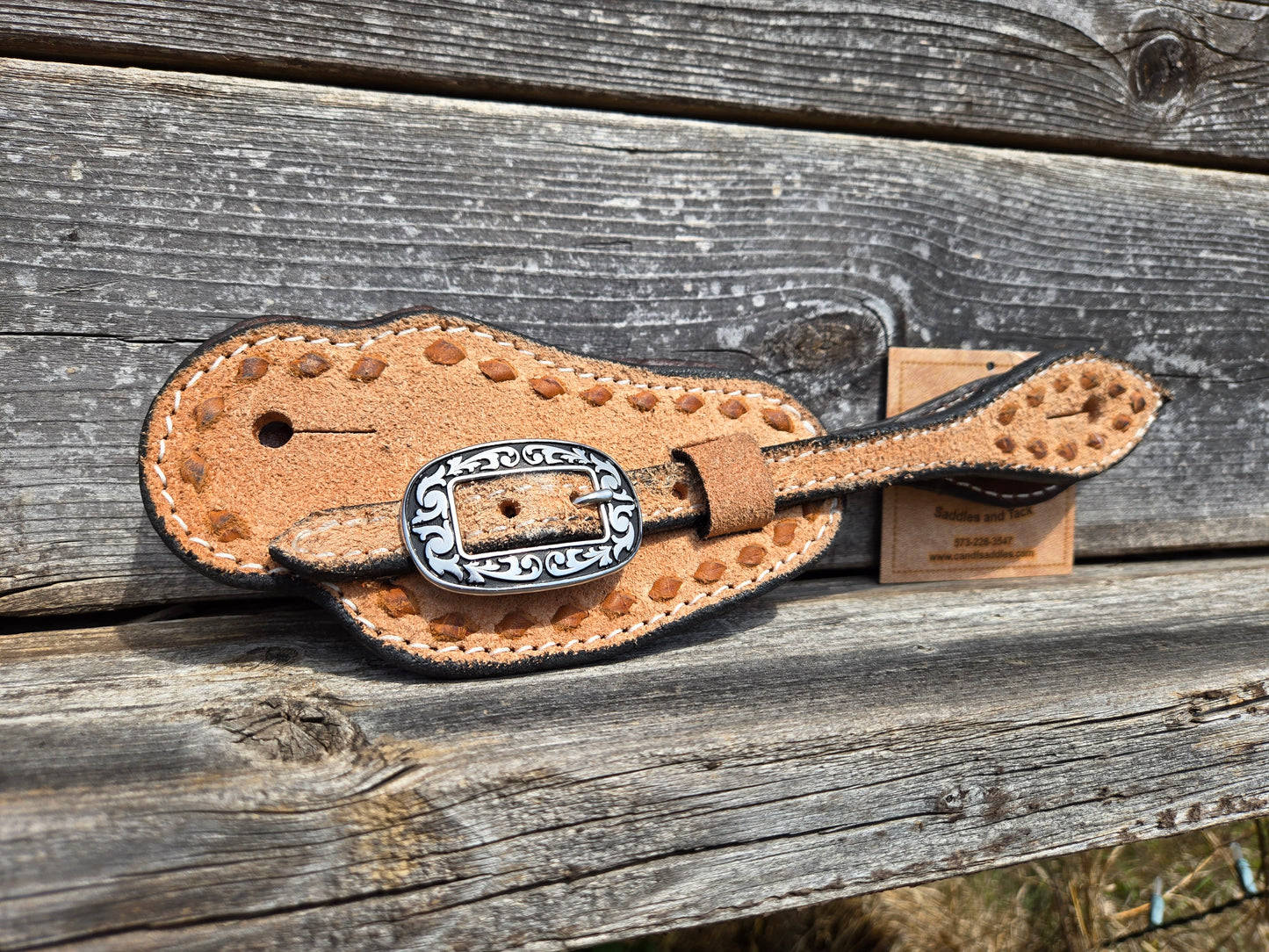 C&L Bib Style Handmade Spur Straps Brown Buckstitch Tan Roughout Long Oval Jeremiah Watt Buckle SS0000018