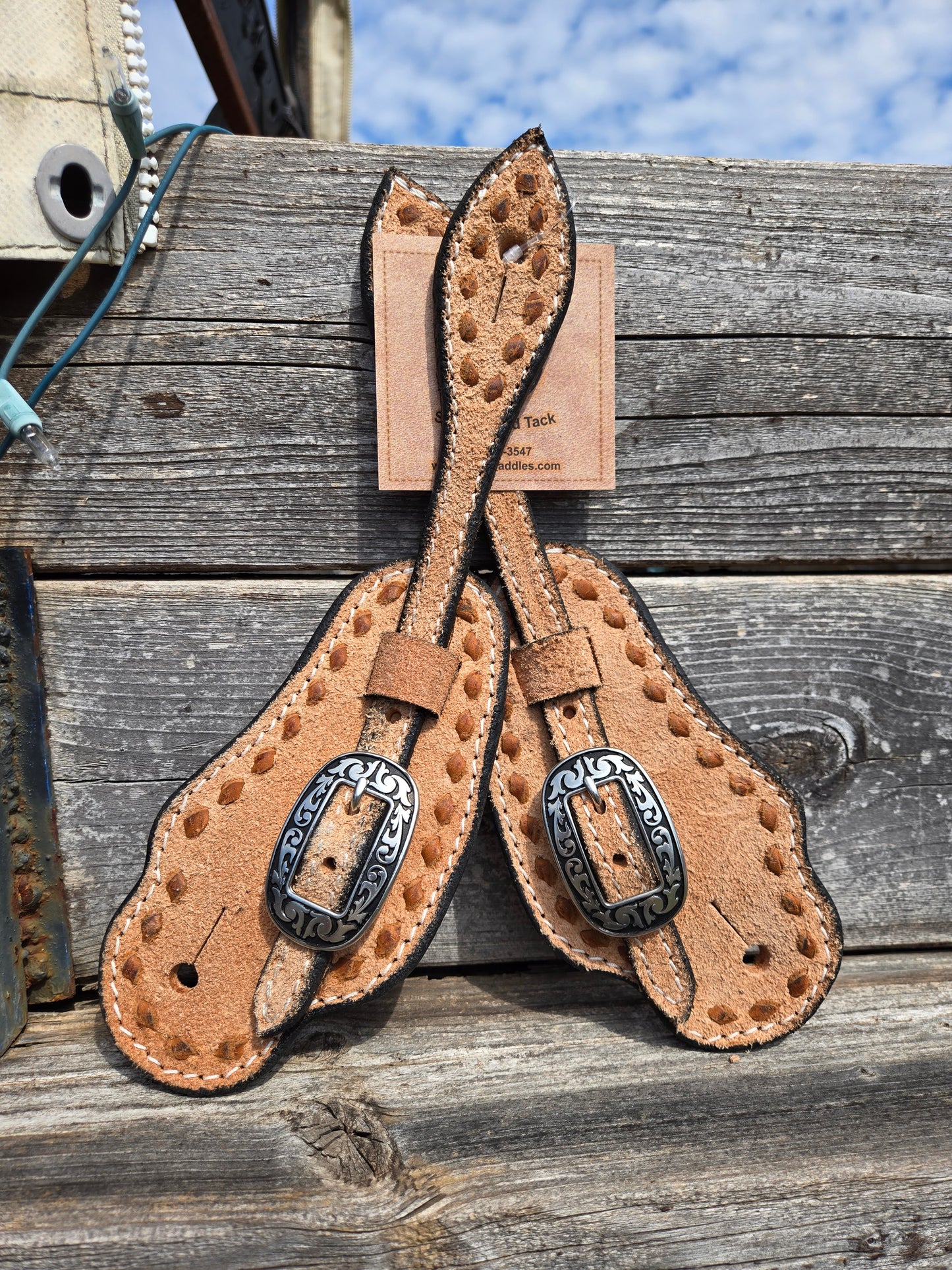 C&L Bib Style Handmade Spur Straps Brown Buckstitch Tan Roughout Long Oval Jeremiah Watt Buckle SS0000018
