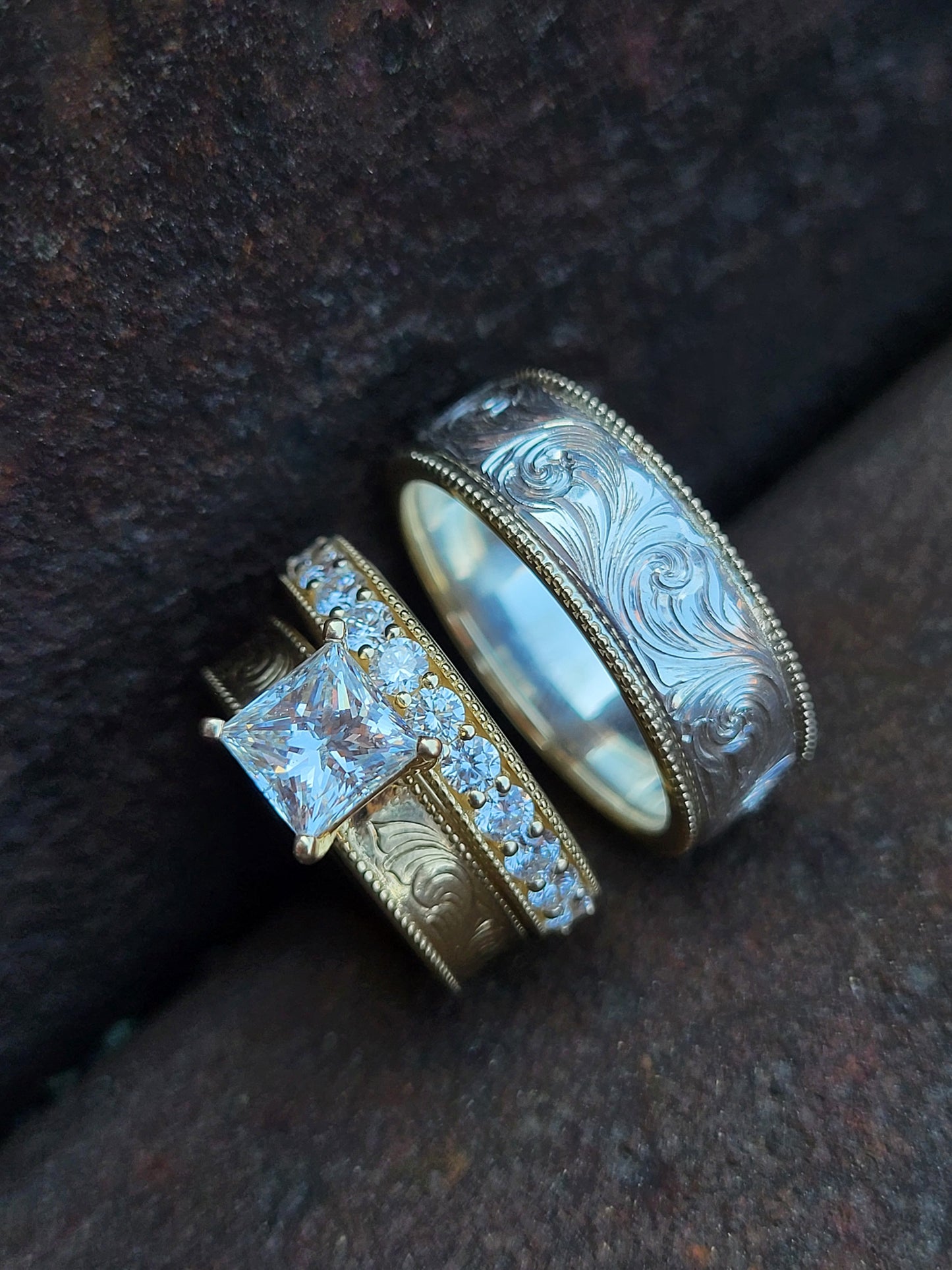 The Olivia: 4mm Upraised Milgrain Detail Yellow Gold Women's Wedding Band, Diamond Western Wedding Ring, Cowgirl Wedding Band, Ring with Milgrain Detail