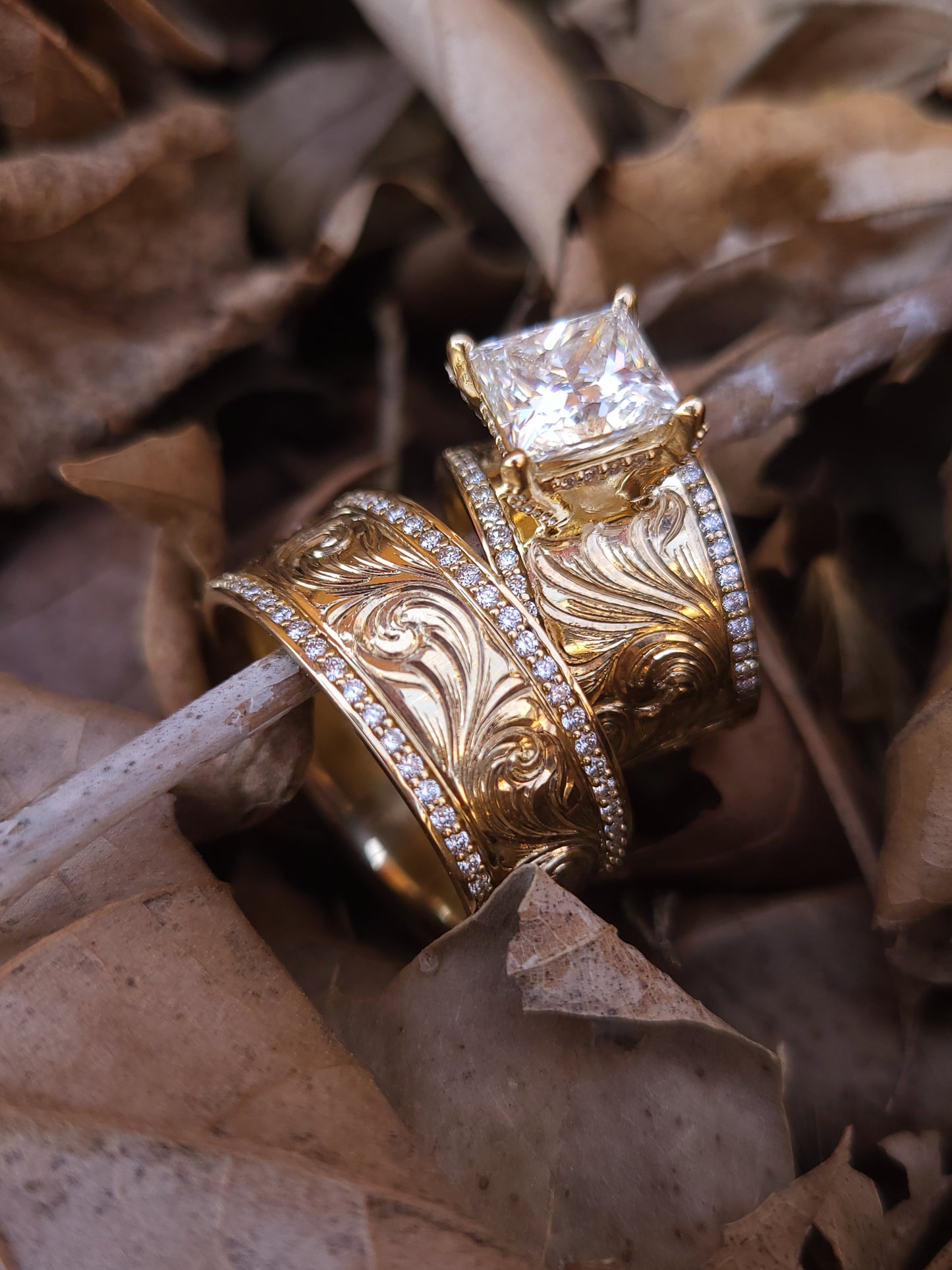 The Mateo: 10K Yellow Gold Men's Band With Channel Set Lab Diamonds, 8mm or 10mm Cowboy Wedding Band, Hand-Engraved Men's Ring