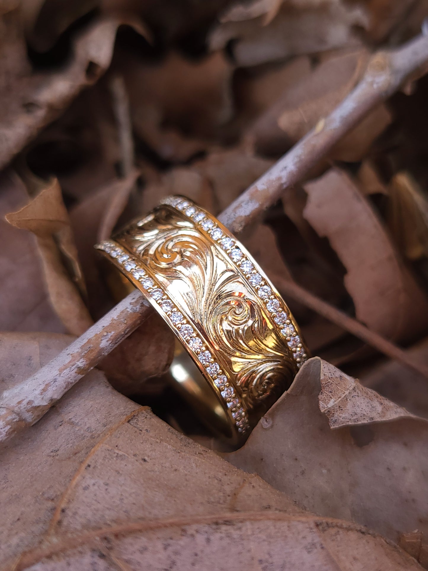 The Mateo: 10K Yellow Gold Men's Band With Channel Set Lab Diamonds, 8mm or 10mm Cowboy Wedding Band, Hand-Engraved Men's Ring
