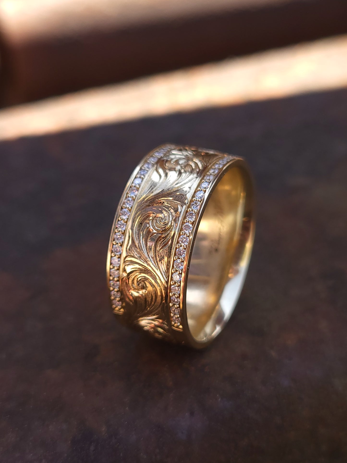 The Mateo: 10K Yellow Gold Men's Band With Channel Set Lab Diamonds, 8mm or 10mm Cowboy Wedding Band, Hand-Engraved Men's Ring