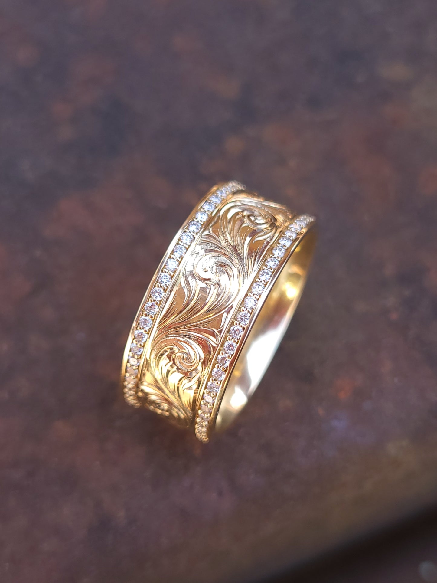 The Mateo: 10K Yellow Gold Men's Band With Channel Set Lab Diamonds, 8mm or 10mm Cowboy Wedding Band, Hand-Engraved Men's Ring