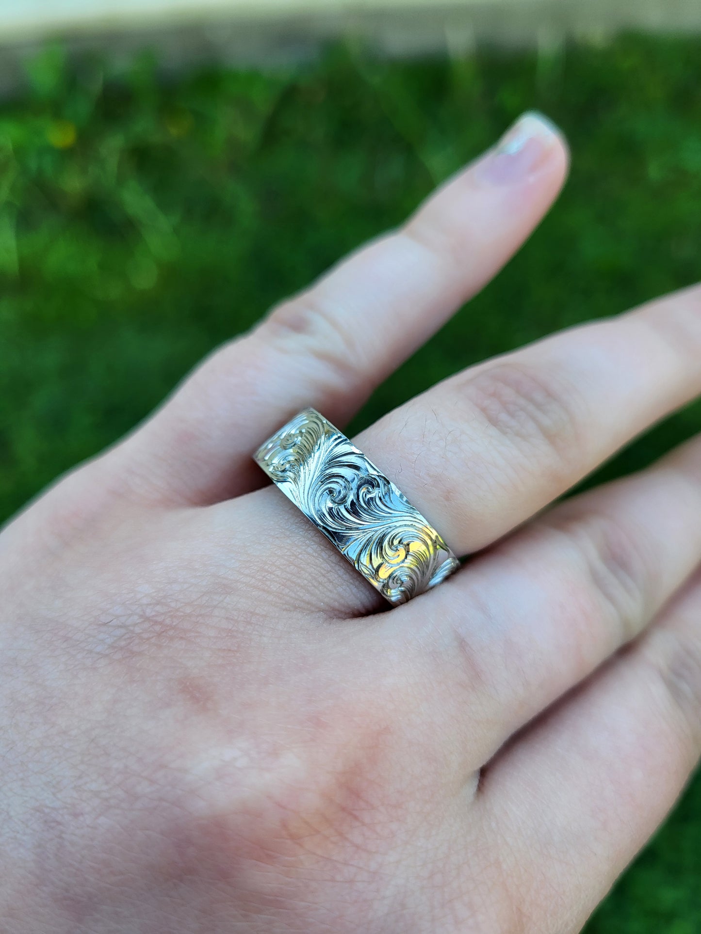 The Ross: 8mm Borderless Sterling Silver, 10K, 14K, or 18K White Gold Western Wedding Band, Hand-Engraved Cowboy Wedding Ring, Cowboy Ring, White Gold Men's Wedding Band, Detailed Wedding Ring