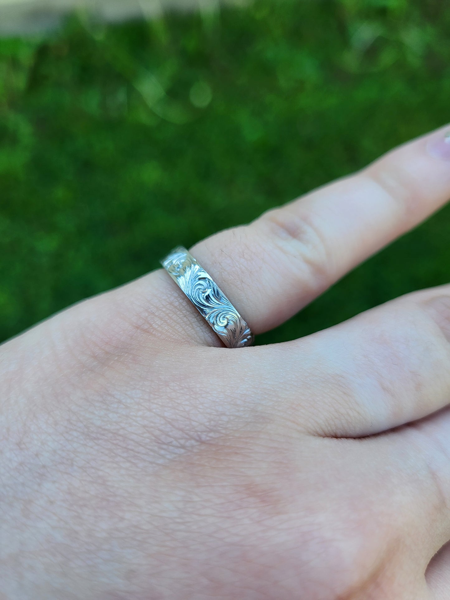 The Betsy: 4mm Narrow Borderless White Gold/Platinum/Sterling Silver Band, Cowgirl Wedding Ring, Hand-Engraved Western Women, Cowgirl Wedding Band