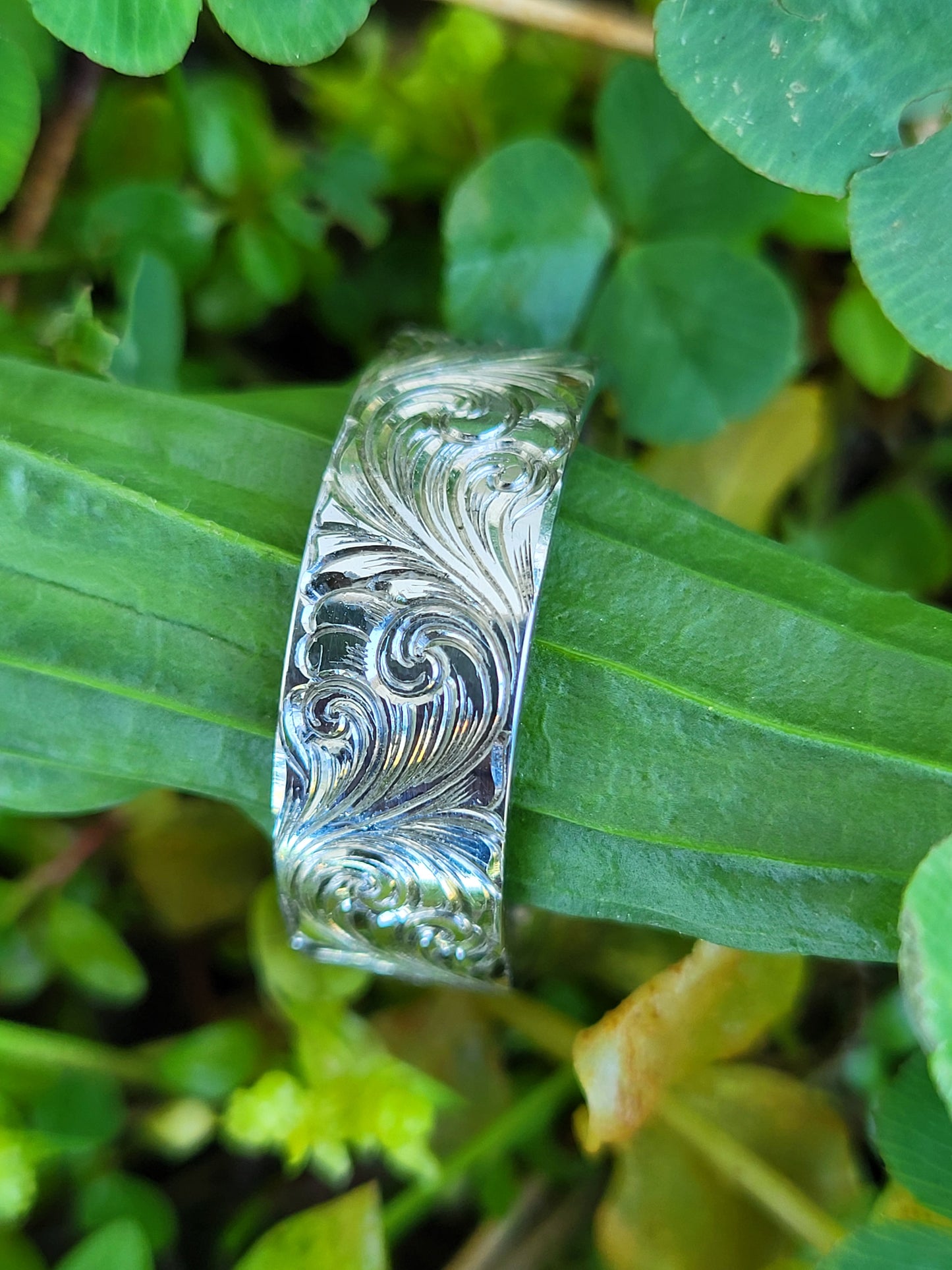 The Ross: 8mm Borderless Sterling Silver, 10K, 14K, or 18K White Gold Western Wedding Band, Hand-Engraved Cowboy Wedding Ring, Cowboy Ring, White Gold Men's Wedding Band, Detailed Wedding Ring