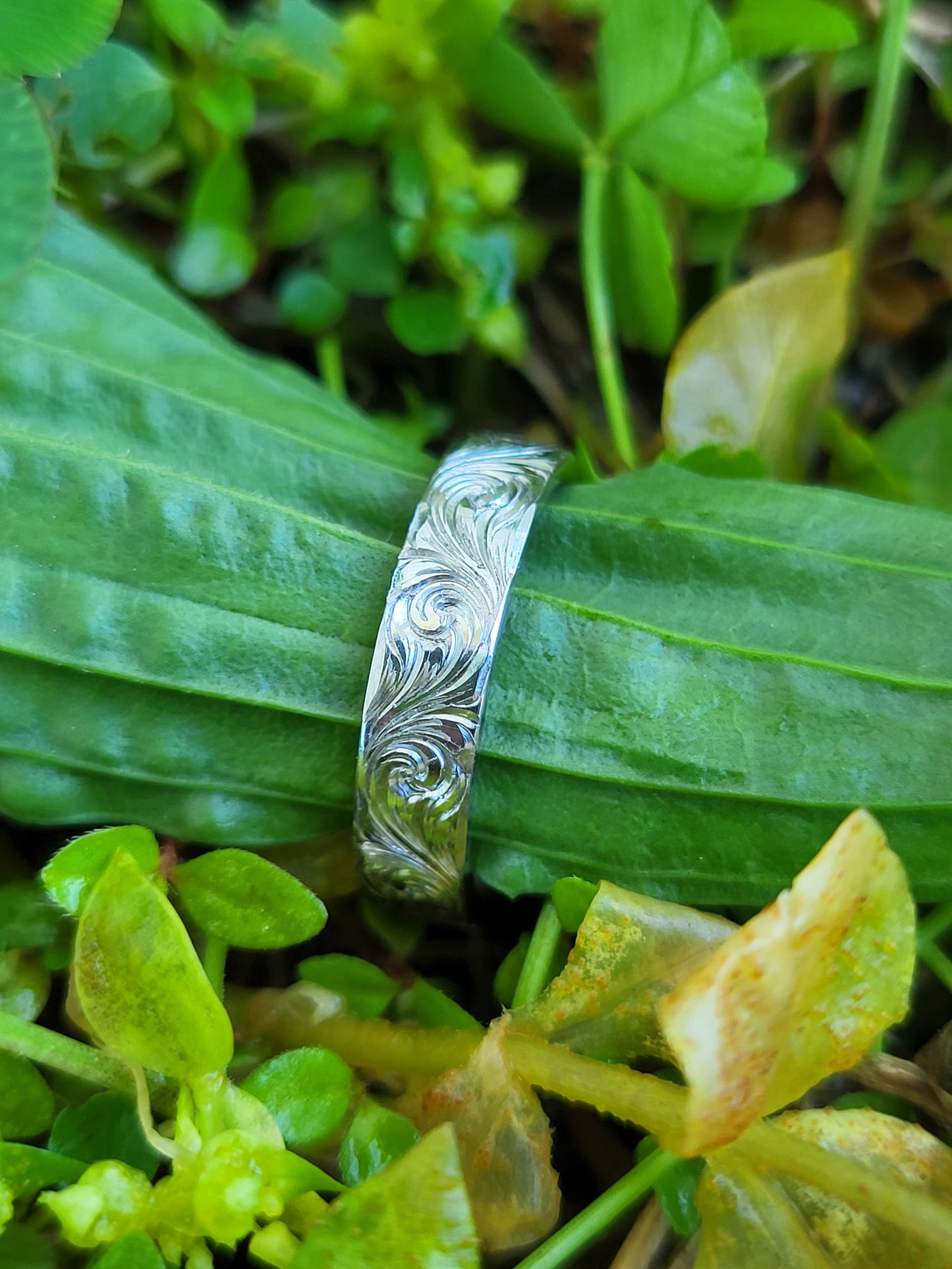 The Betsy: 4mm Narrow Borderless White Gold/Platinum/Sterling Silver Band, Cowgirl Wedding Ring, Hand-Engraved Western Women, Cowgirl Wedding Band