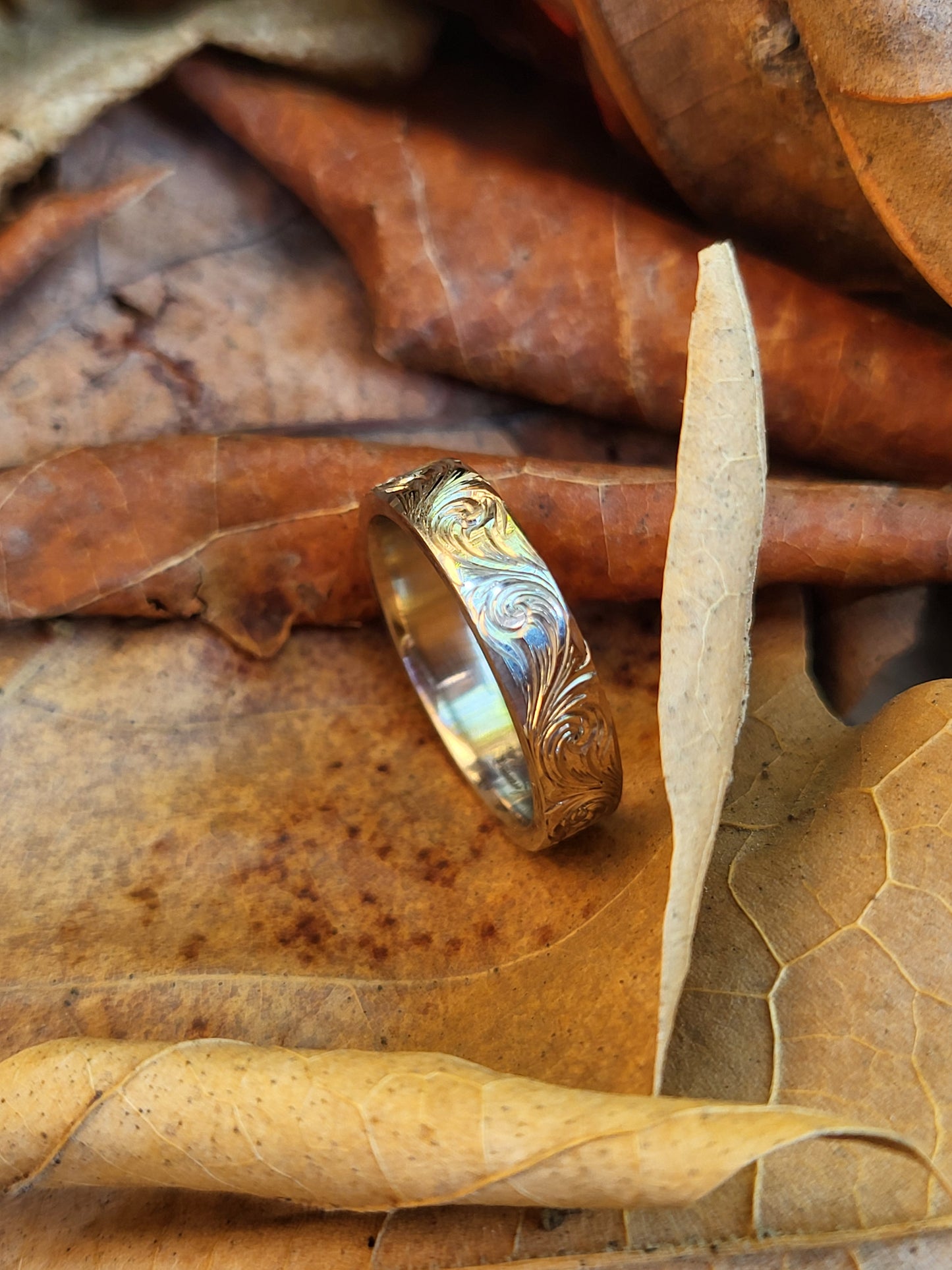 The Betsy: 4mm Narrow Borderless White Gold/Platinum/Sterling Silver Band, Cowgirl Wedding Ring, Hand-Engraved Western Women, Cowgirl Wedding Band