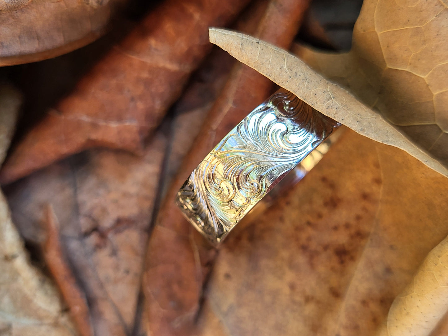 The Ross: 8mm Borderless Sterling Silver, 10K, 14K, or 18K White Gold Western Wedding Band, Hand-Engraved Cowboy Wedding Ring, Cowboy Ring, White Gold Men's Wedding Band, Detailed Wedding Ring