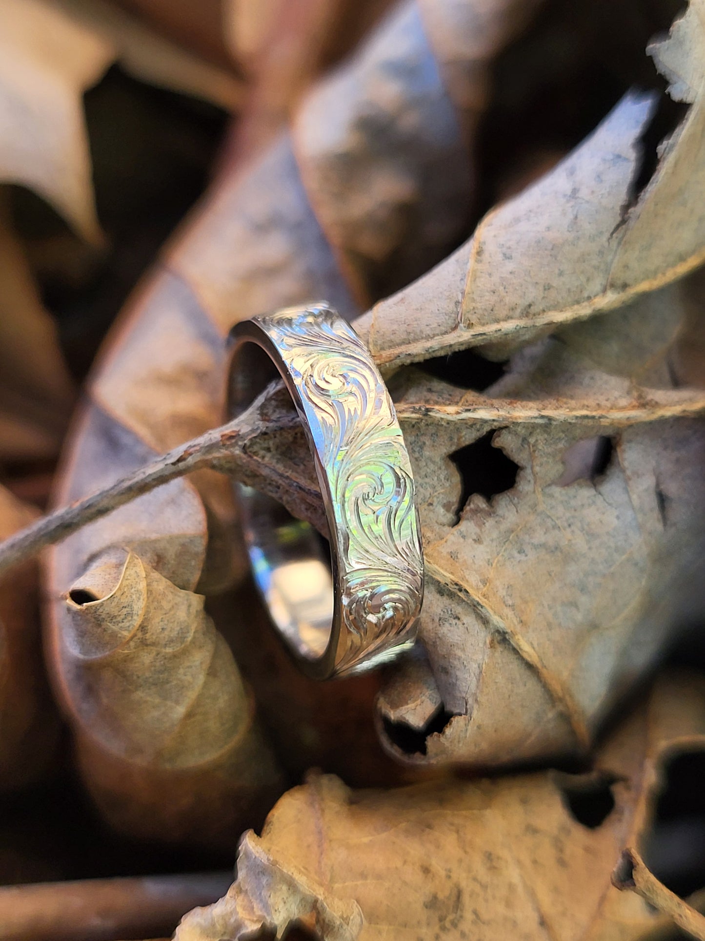 The Betsy: 4mm Narrow Borderless White Gold/Platinum/Sterling Silver Band, Cowgirl Wedding Ring, Hand-Engraved Western Women, Cowgirl Wedding Band