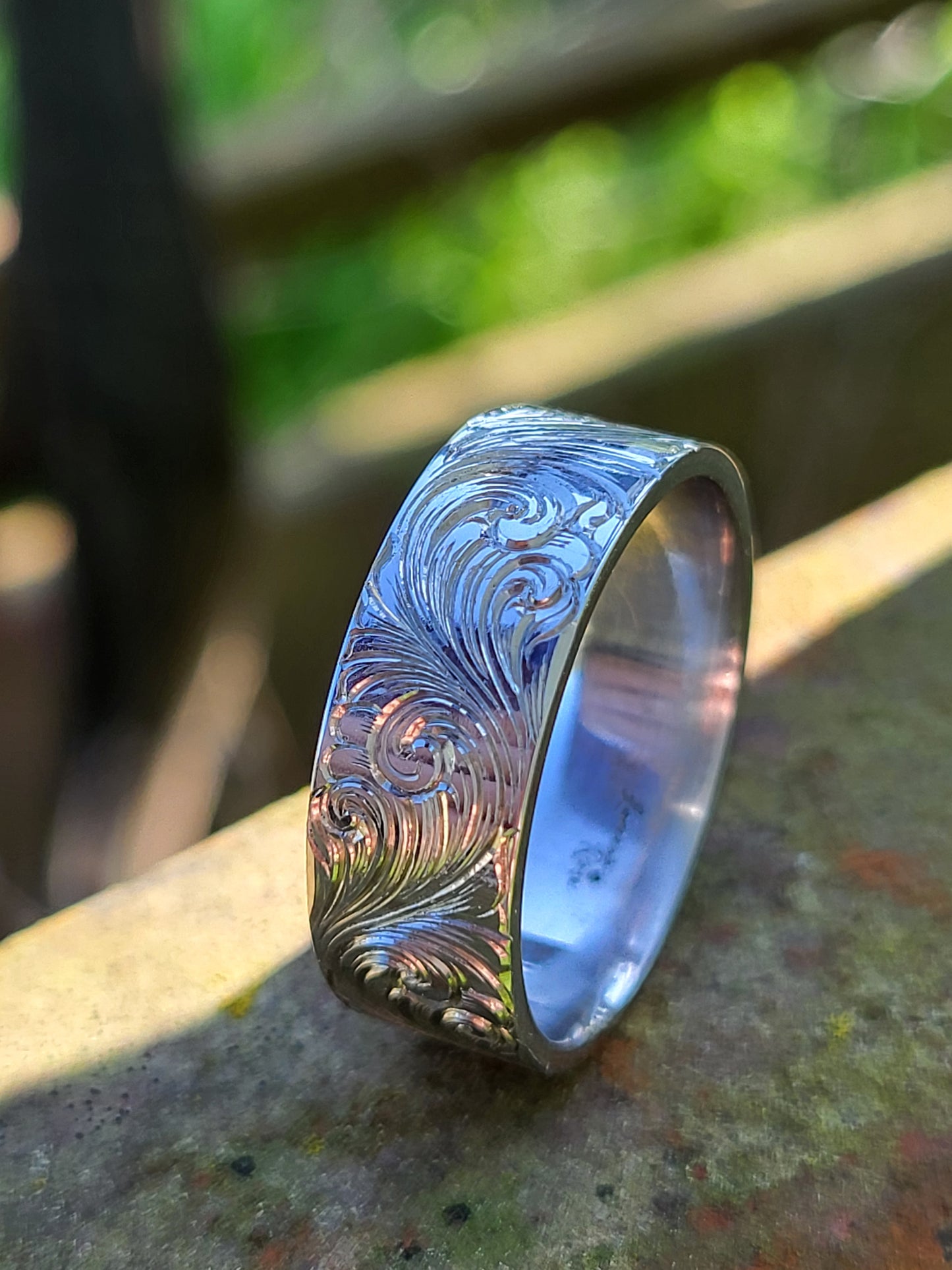 The Ross: 8mm Borderless Sterling Silver, 10K, 14K, or 18K White Gold Western Wedding Band, Hand-Engraved Cowboy Wedding Ring, Cowboy Ring, White Gold Men's Wedding Band, Detailed Wedding Ring
