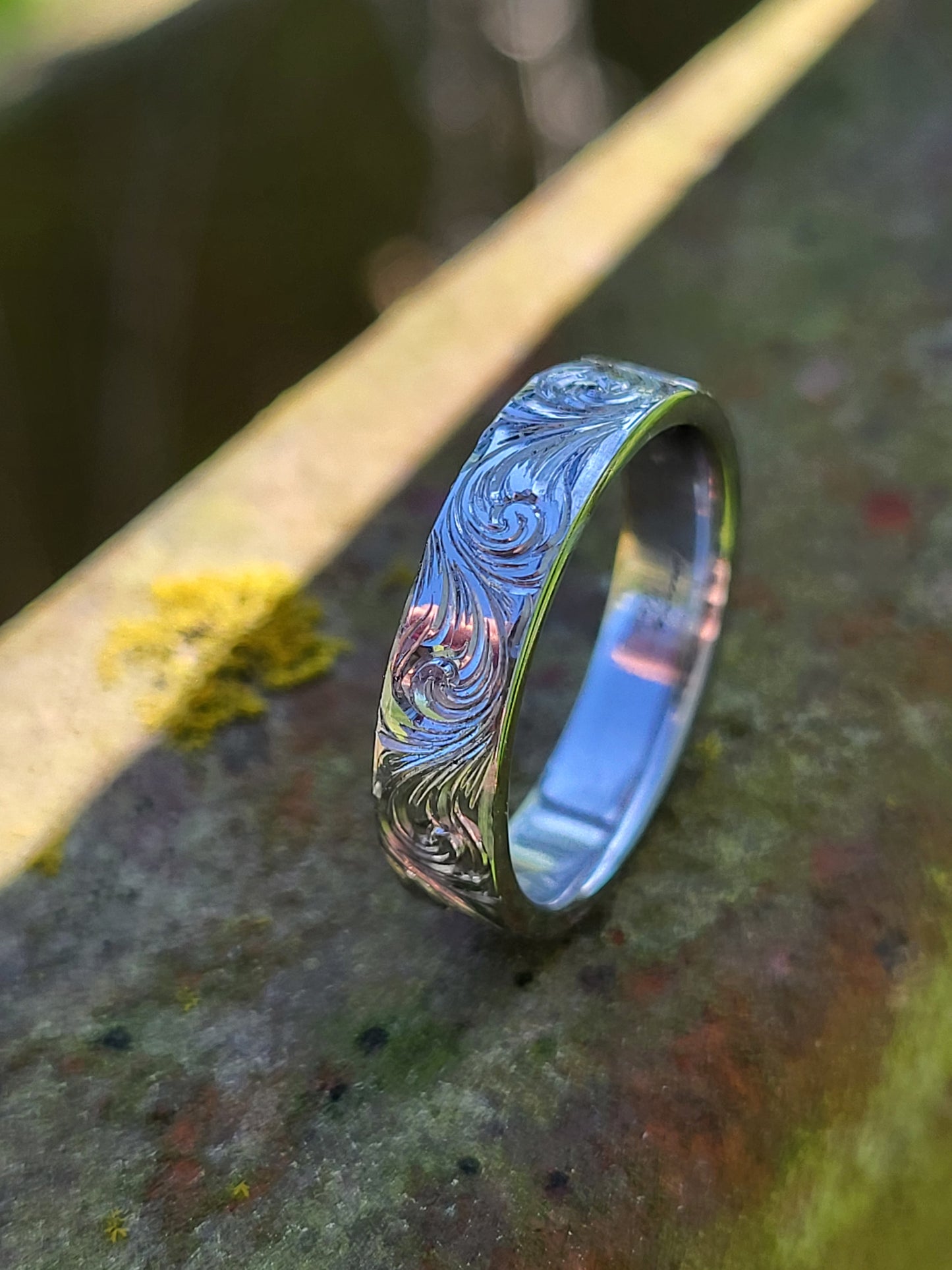 The Betsy: 4mm Narrow Borderless White Gold/Platinum/Sterling Silver Band, Cowgirl Wedding Ring, Hand-Engraved Western Women, Cowgirl Wedding Band