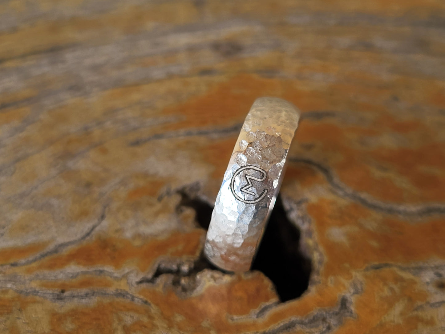 The Ronny: 7mm Comfort Fit Hand-Textured, Hammered Sterling Silver or White Gold Half Round Band, Men's Wedding Band with Custom Brand, Custom Initial Men's Ring, Rustic Cowboy Wedding Ring