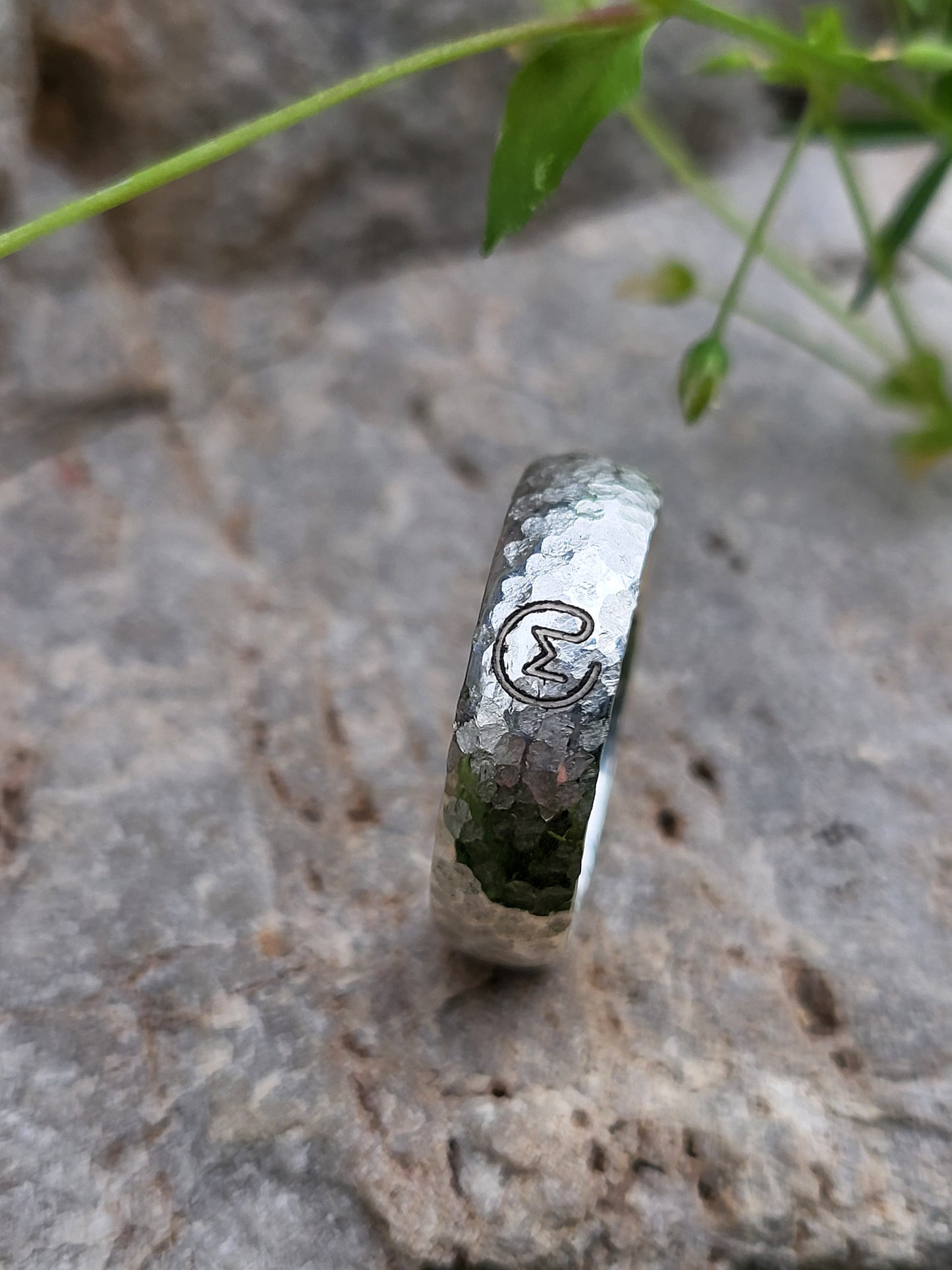 The Ronny: 7mm Comfort Fit Hand-Textured, Hammered Sterling Silver or White Gold Half Round Band, Men's Wedding Band with Custom Brand, Custom Initial Men's Ring, Rustic Cowboy Wedding Ring