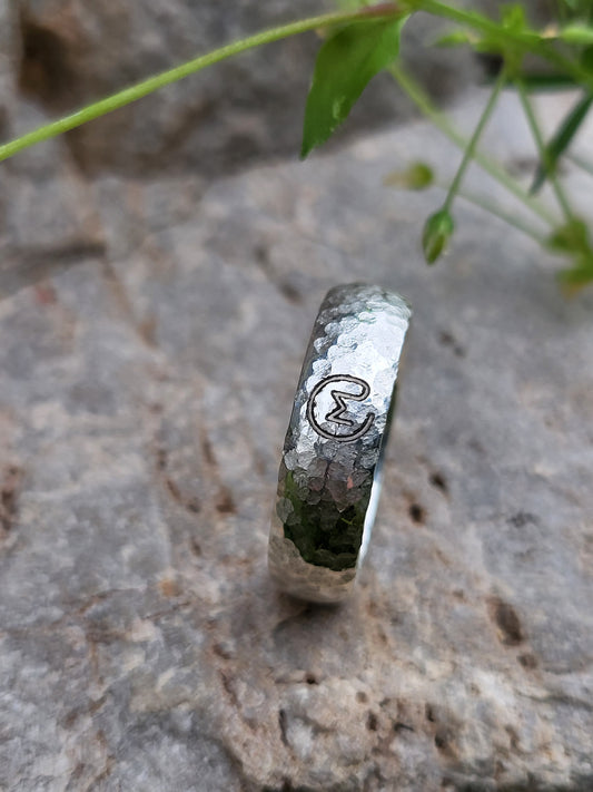 The Ronny: 7mm Comfort Fit Hand-Textured, Hammered Sterling Silver or White Gold Half Round Band, Men's Wedding Band with Custom Brand, Custom Initial Men's Ring, Rustic Cowboy Wedding Ring