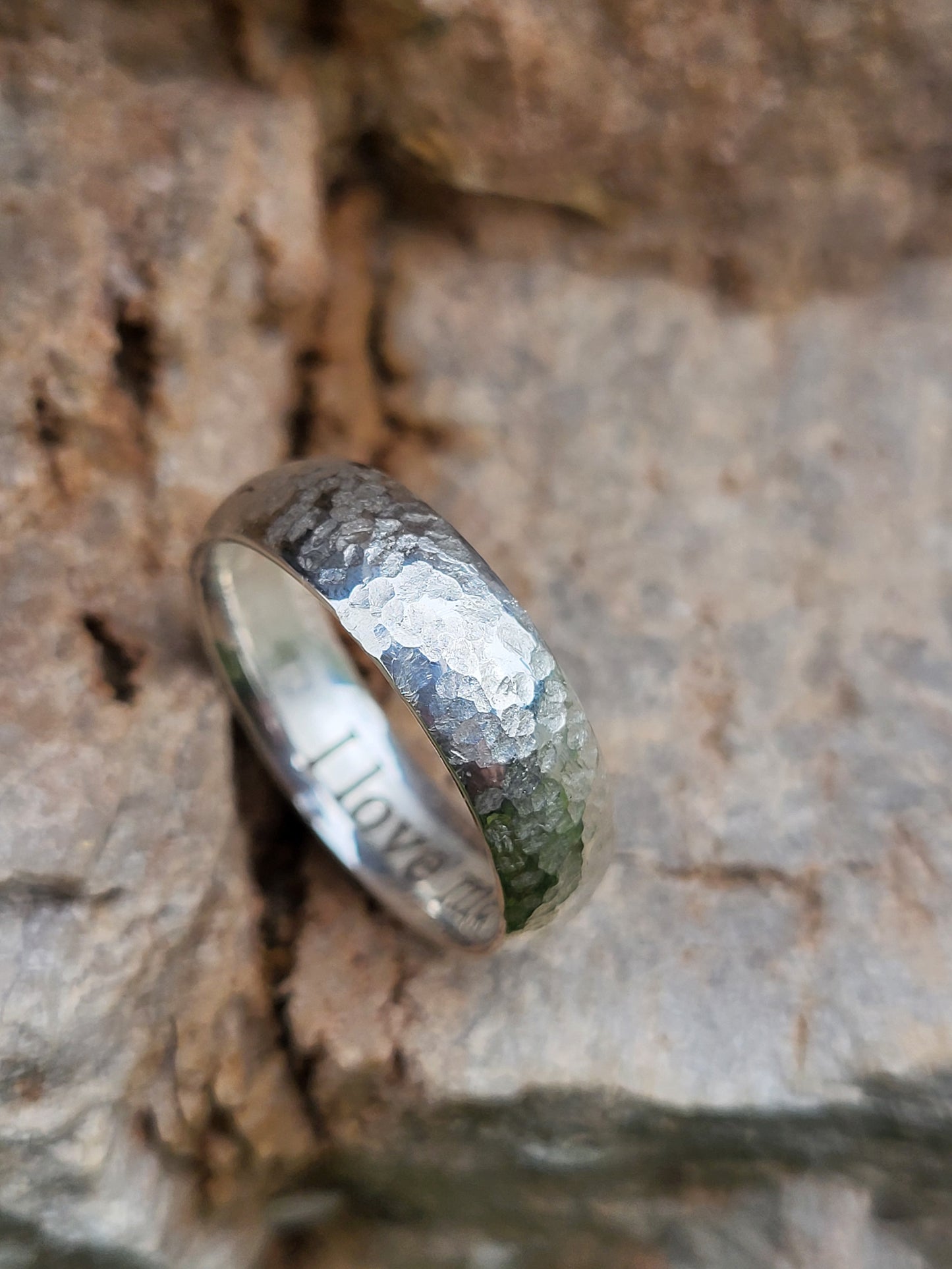 The Ronny: 7mm Comfort Fit Hand-Textured, Hammered Sterling Silver or White Gold Half Round Band, Men's Wedding Band with Custom Brand, Custom Initial Men's Ring, Rustic Cowboy Wedding Ring