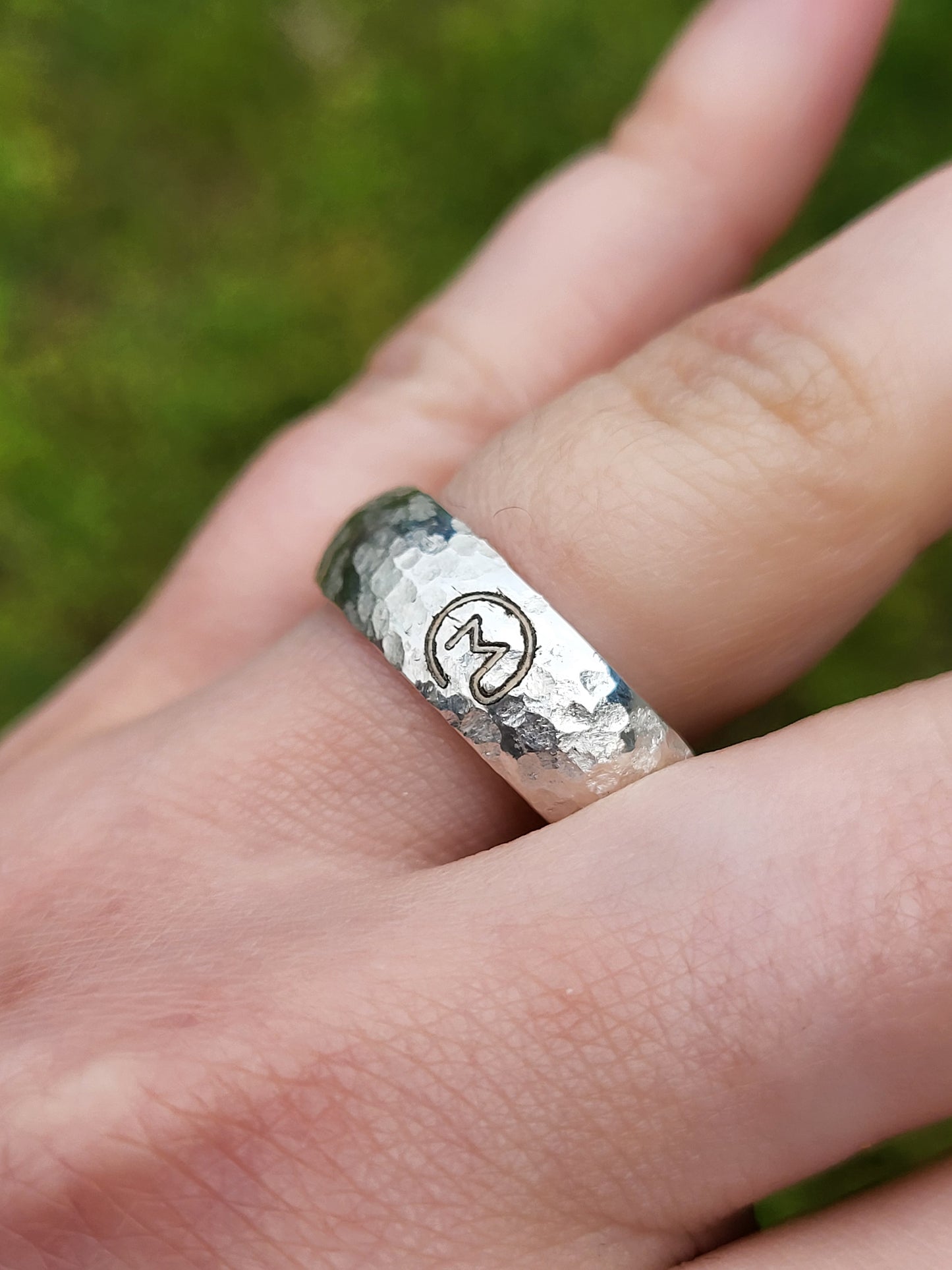 The Ronny: 7mm Comfort Fit Hand-Textured, Hammered Sterling Silver or White Gold Half Round Band, Men's Wedding Band with Custom Brand, Custom Initial Men's Ring, Rustic Cowboy Wedding Ring