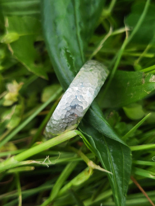 The Ronny: 7mm Comfort Fit Hand-Textured, Hammered Sterling Silver or White Gold Half Round Band, Men's Wedding Band with Custom Brand, Custom Initial Men's Ring, Rustic Cowboy Wedding Ring
