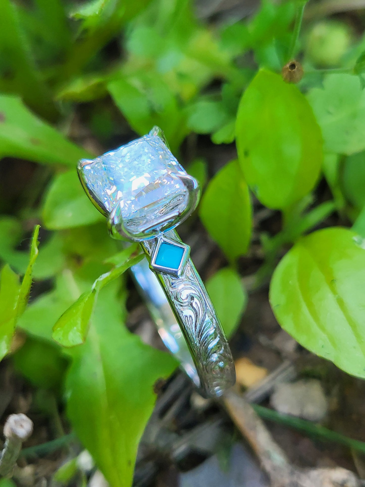 The Tilda: Gemstone accented Narrow 3.5mm, 2 - 2.75 ct. Princess Cut 10K, 14K, or 18K White Gold Engagement Ring, Western Engagement Ring, Cowgirl Ring, Western Wedding Ring