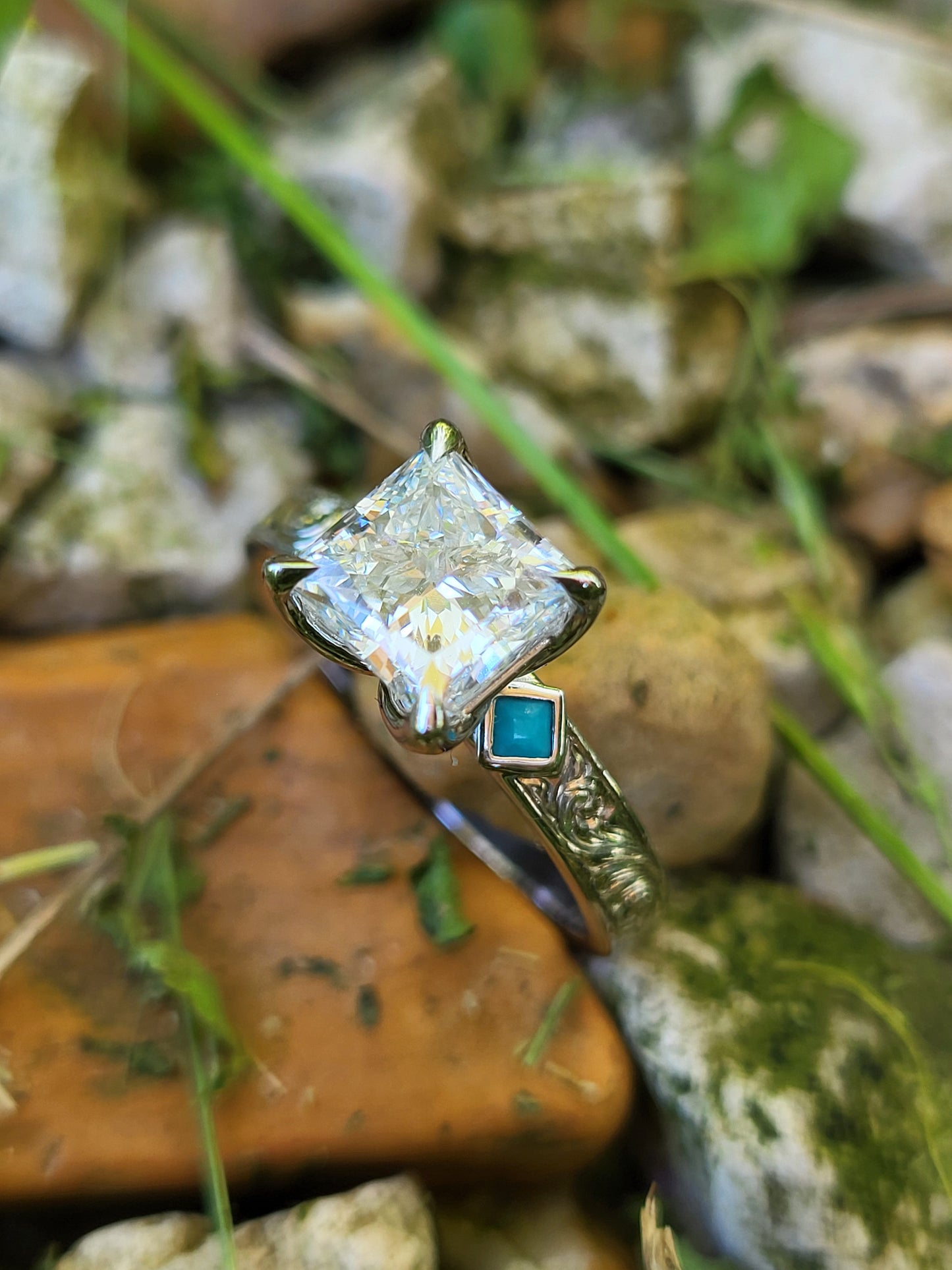 The Tilda: Gemstone accented Narrow 3.5mm, 2 - 2.75 ct. Princess Cut 10K, 14K, or 18K White Gold Engagement Ring, Western Engagement Ring, Cowgirl Ring, Western Wedding Ring